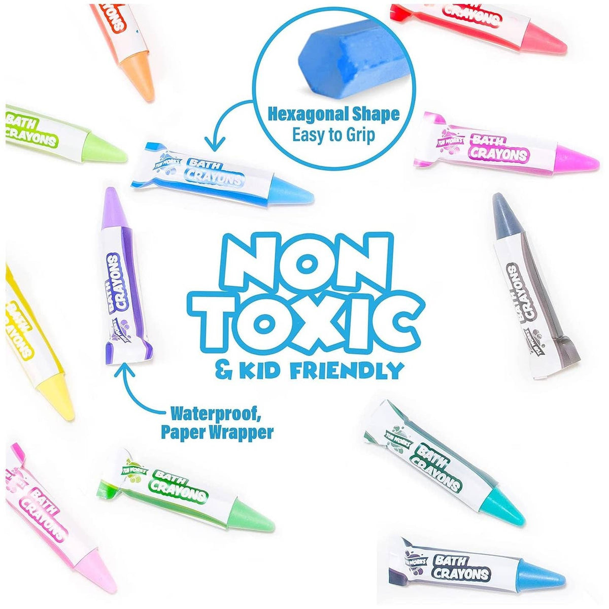 Collection of colorful crayons with text highlighting features on a white background