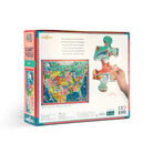 Giant puzzle packaging with colorful map design on a white background