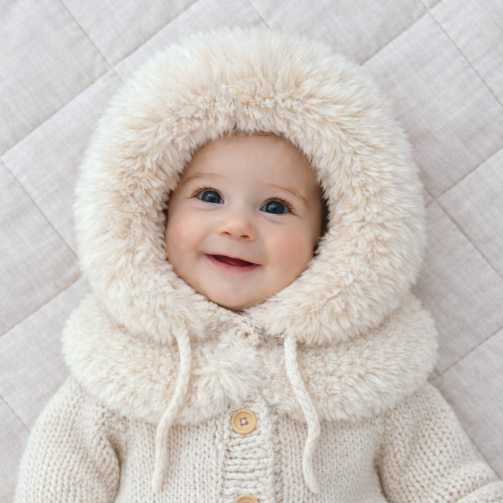 Baby wearing a cream-colored fluffy hooded outfit on a light gray quilted background