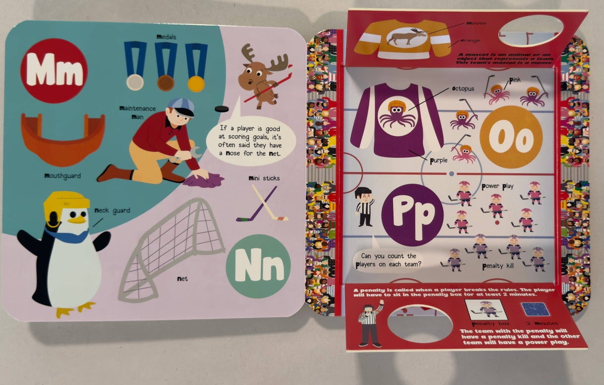 A children's educational toy set featuring a hockey-themed alphabet board on the left and its matching fold-out storage box on the right, both decorated with colorful hockey illustrations and letter activities.