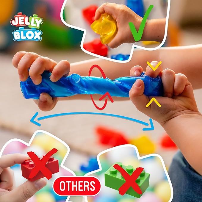 A pair of hands stretching a flexible, blue Jelly Blox sensory block, with comparison graphics showing a hand squeezing a yellow block successfully with a green checkmark and standard stiff blocks failing with a red X.