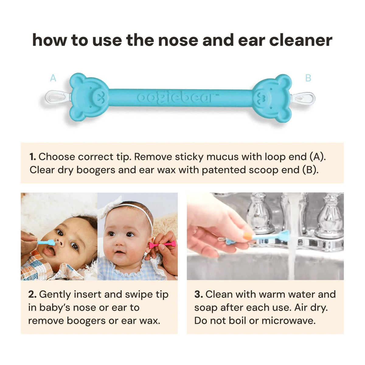 Instructions on how to use a nose and ear cleaner with images of a baby using it.