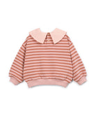 A children's long-sleeve top with horizontal stripes in dusty rose and light pink, featuring a solid light pink oversized collar and matching pink ribbed cuffs and hem.