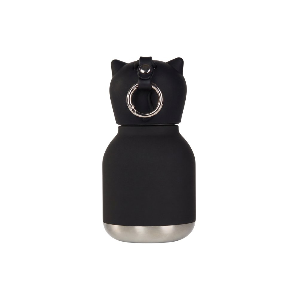 Black cat-shaped water bottle with a silver ring on a white background