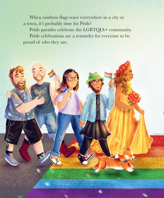 Illustration of a group of people celebrating Pride with rainbow flags and a dog on a rainbow path.