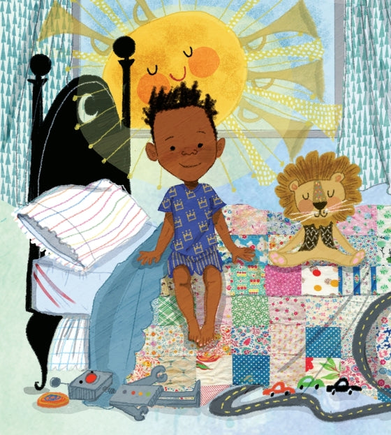 Illustration of a child and lion sitting on a bed with a colorful quilt, surrounded by toys and a smiling sun.