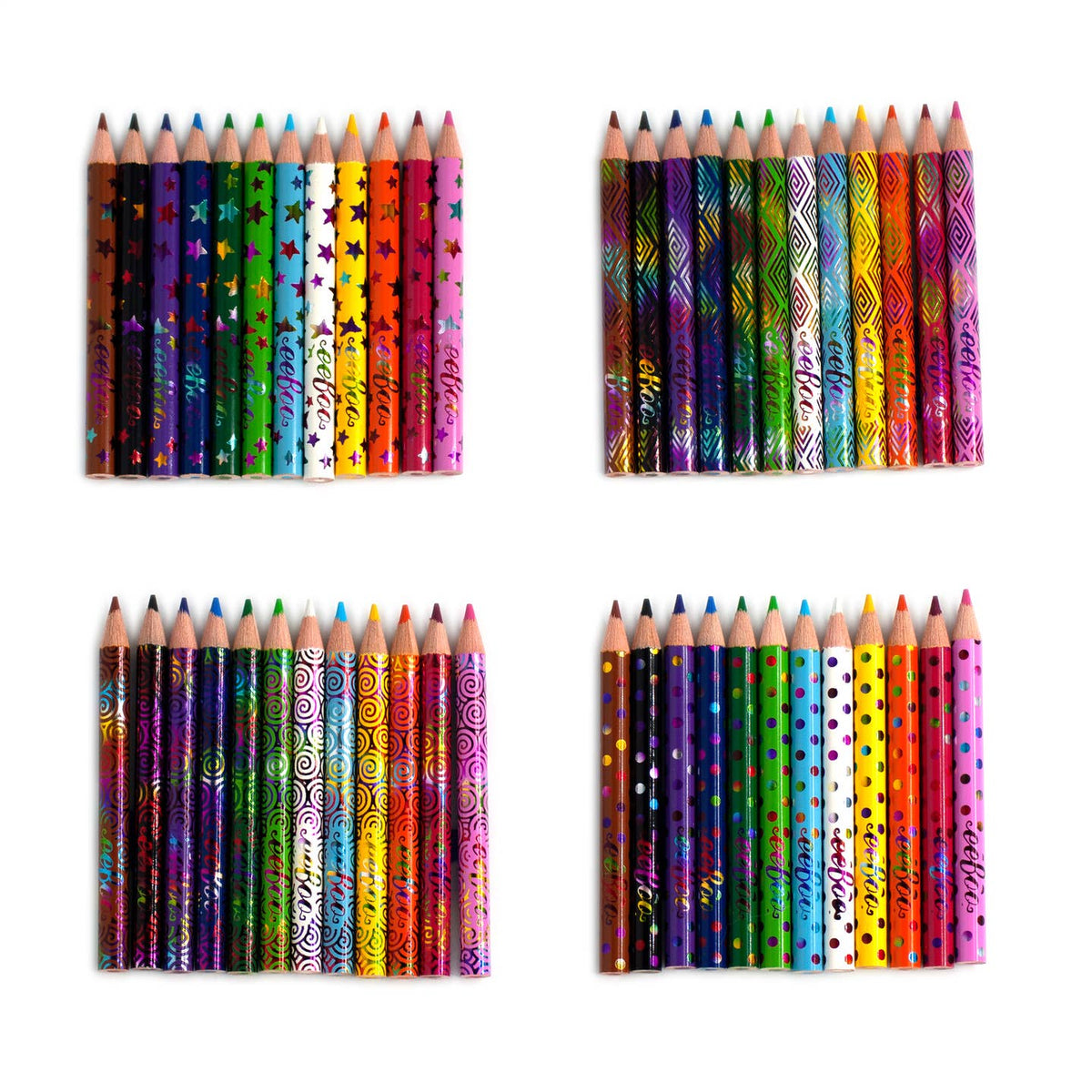 Four sets of colorful patterned pencils on a white background