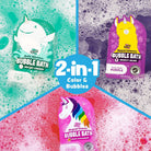 Three packages of bubble bath with colorful designs and text on a textured background.