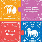 Four puzzle pieces with animal illustrations and text on a colorful background