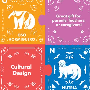 Four puzzle pieces with animal illustrations and text on a colorful background