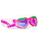 Pink strawberry-themed goggles on a white background