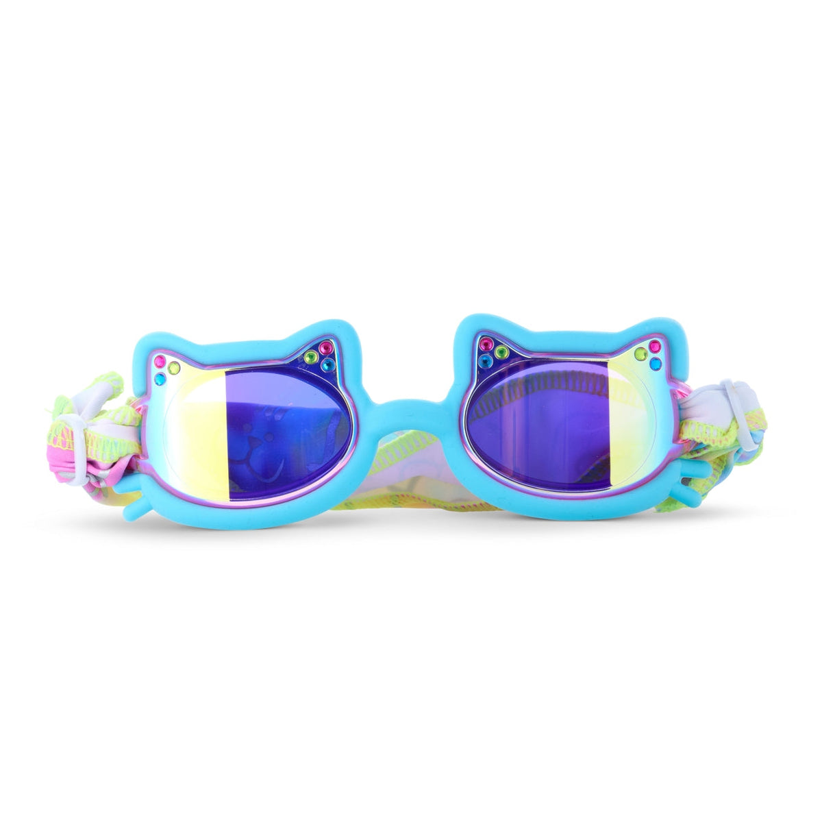 Colorful cat-eye sunglasses with decorative straps on a white background
