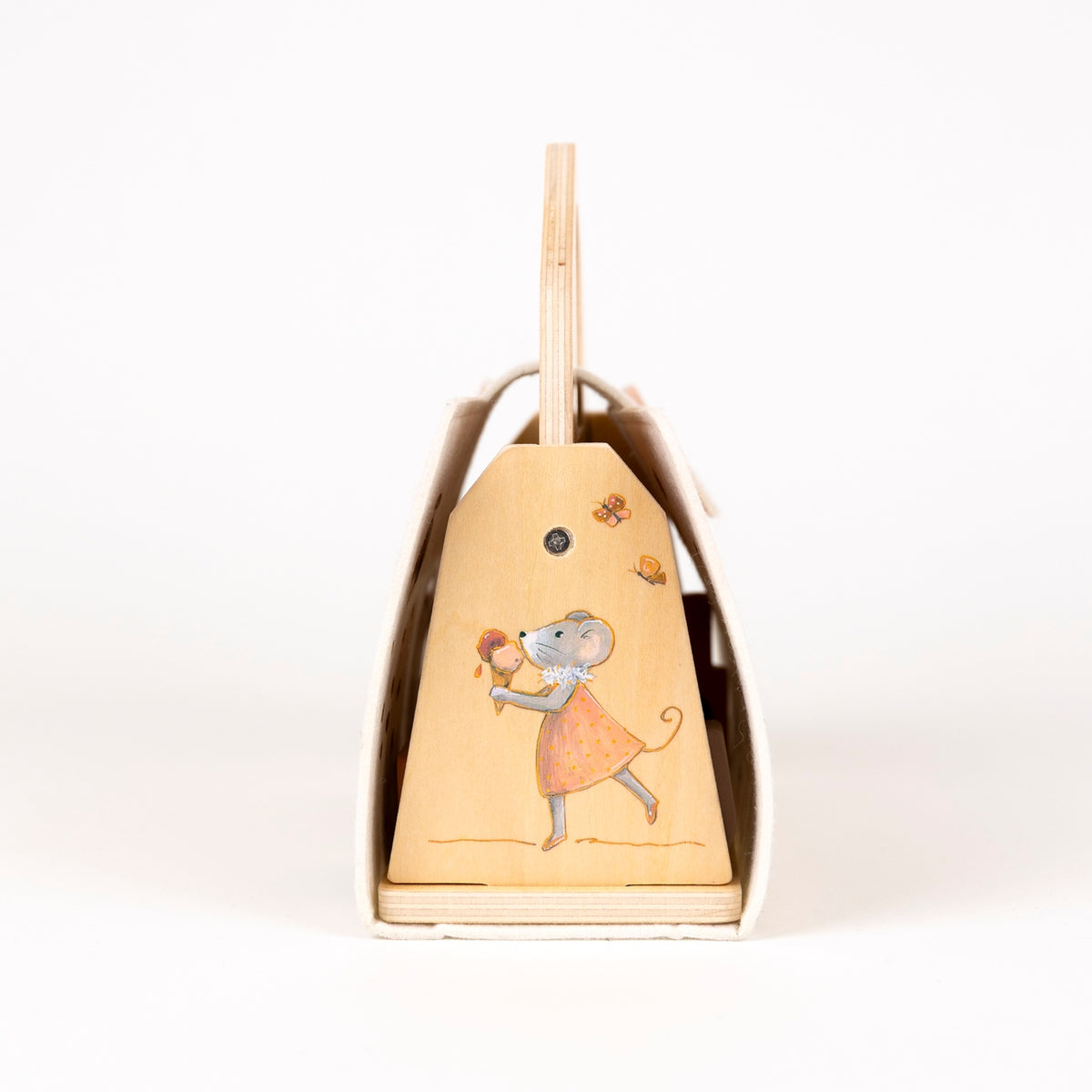 Wooden bell with a mouse design on a white background