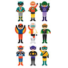 Nine different illustrated magnetic superhero characters in various colorful costumes and masks from the Superheroes Magnetic Costume Builder set, arranged in a three-by-three grid on a white background.