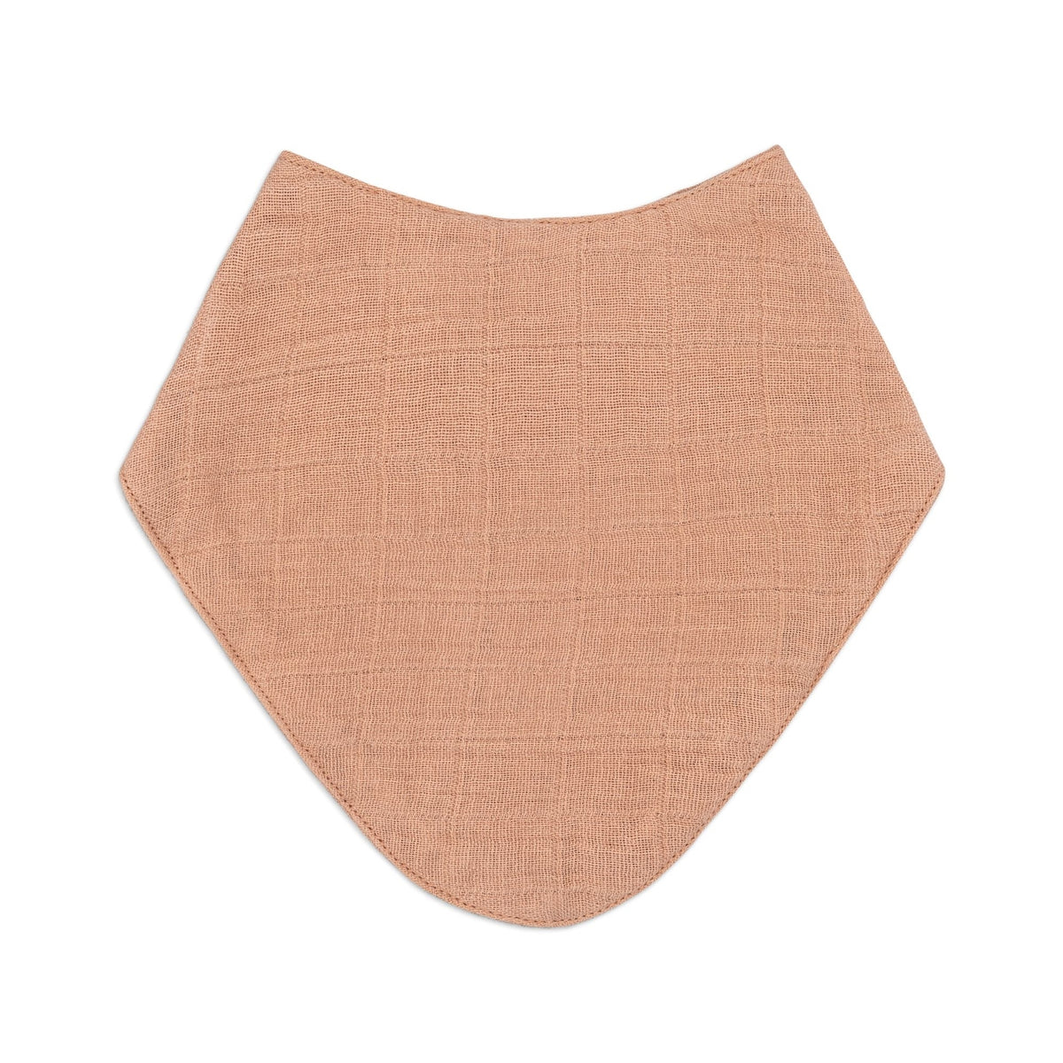 A peach-colored textured muslin baby bib with a subtle grid pattern, shown flat against a solid white background.