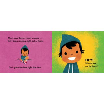 Illustrated book page with a child in a blue raincoat on a pink and green background.