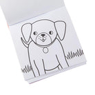 Coloring book with a black and white drawing of a dog on a white background