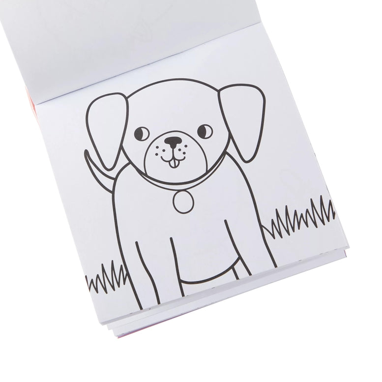 Coloring book with a black and white drawing of a dog on a white background