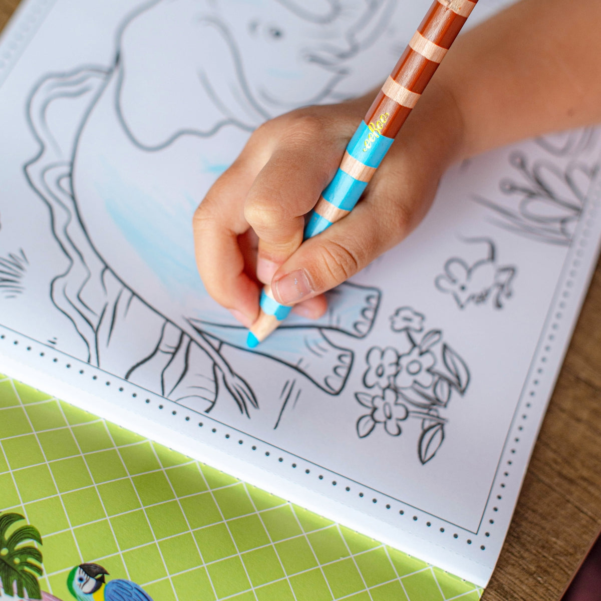 Child's hand holding a striped pencil over a coloring book with animal illustrations.