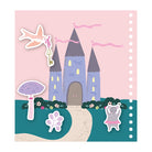 A whimsical illustrated sticker or decal sheet featuring a pastel castle, a bird with a key, a mushroom, flowers, a leaf, and a mouse in a pink tutu on a pink and teal background.