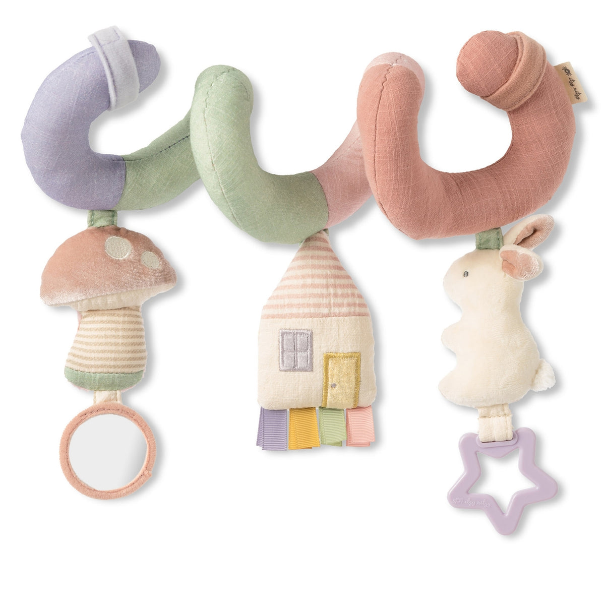 Colorful baby rattle toy with various shapes and textures on a white background