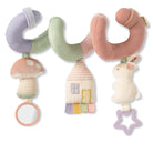 Colorful baby rattle toy with various shapes and textures on a white background