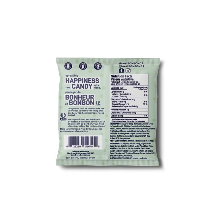 The back of a light sage green candy package, showing the brand name @GABONDEONICA, product details, and a barcode on a plain white background.