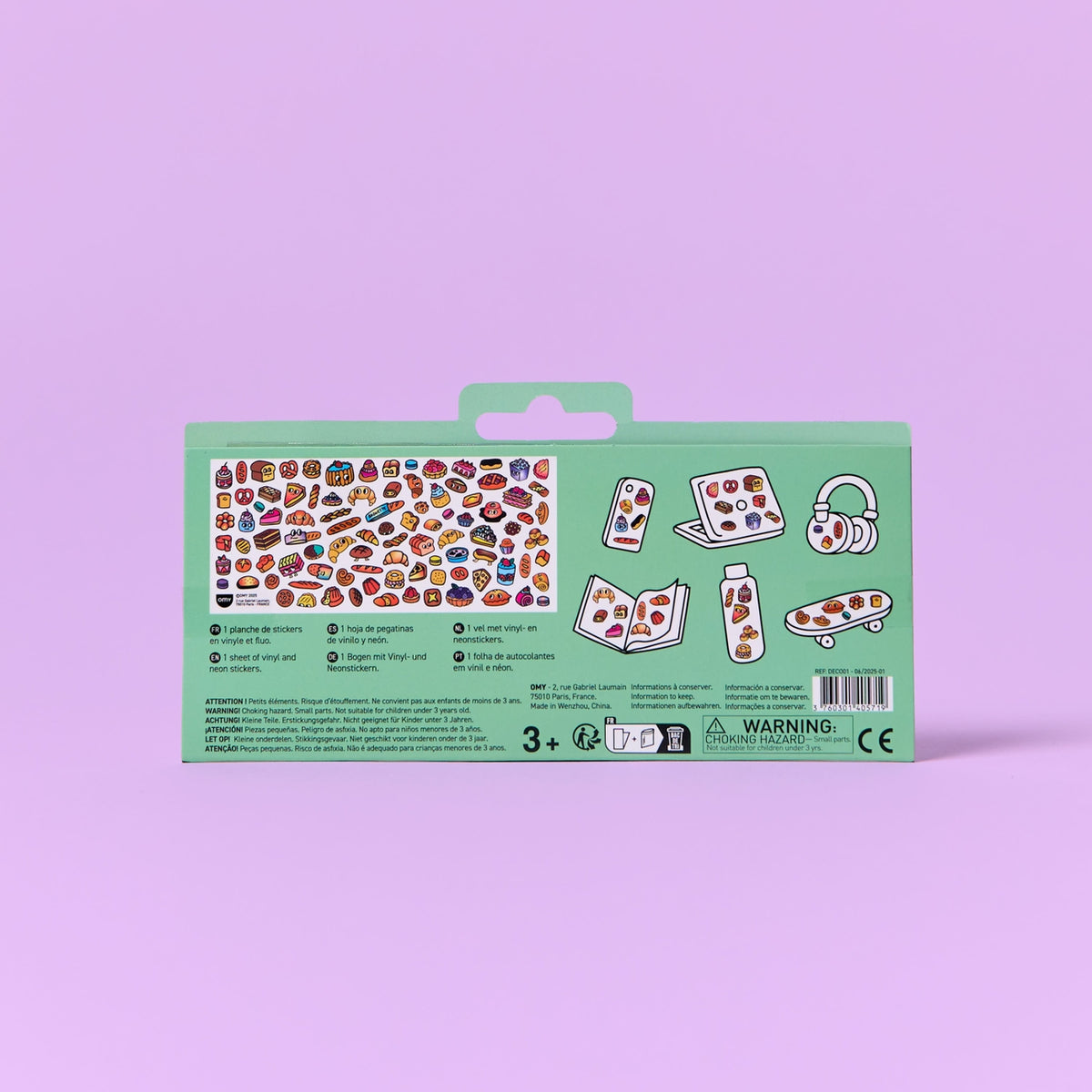 The back of a sticker sheet package on a solid lavender background. The package is mint green with a die-cut window showing various colorful food-themed stickers, including pizza, sushi, tacos, and coffee cups.