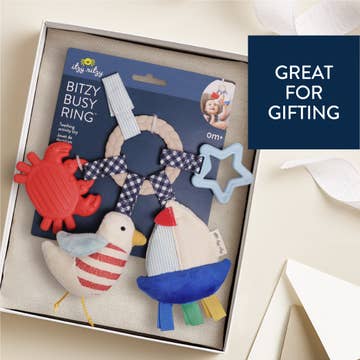 Colorful baby teething ring set in a box with text 'Great for Gifting'.