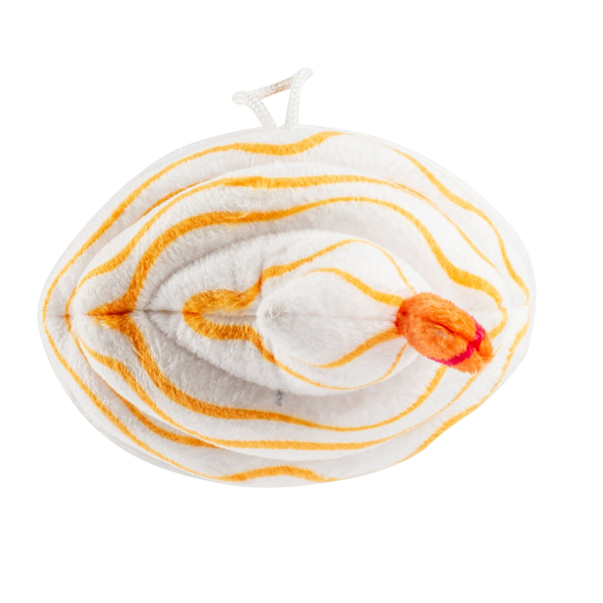 White and orange yarn ball with a red flower on a white background