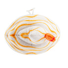 White and orange yarn ball with a red flower on a white background