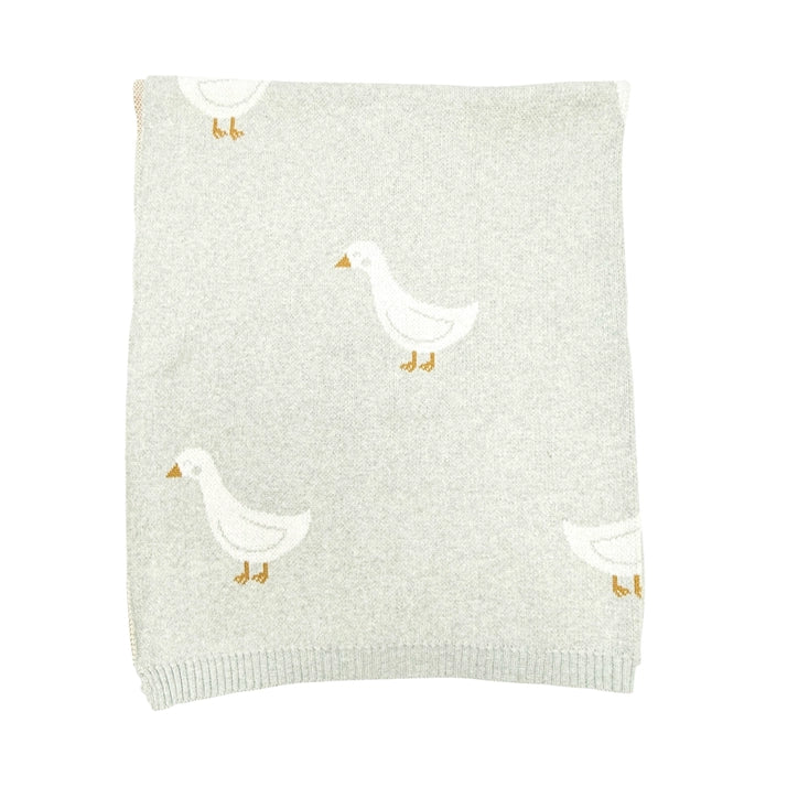 Light gray knit sweater with white duck designs on a white background