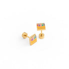 Gold earrings with colorful accents on a white background