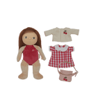 Plush doll with red swimsuit and accessories on a transparent background