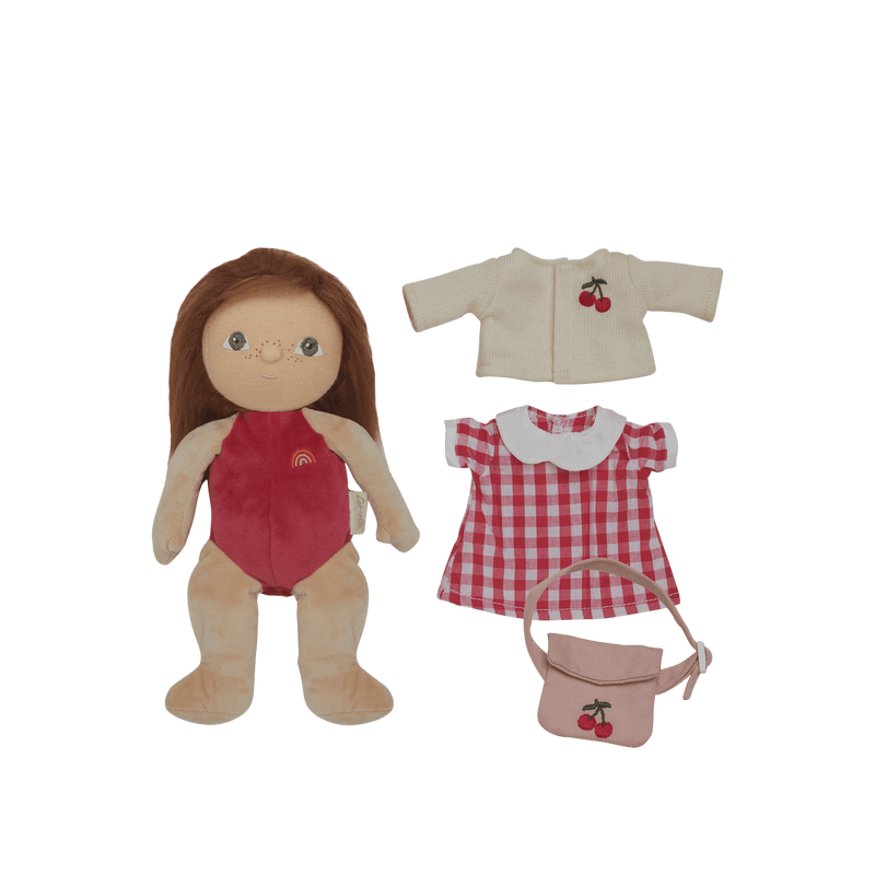 Plush doll with red swimsuit and accessories on a transparent background