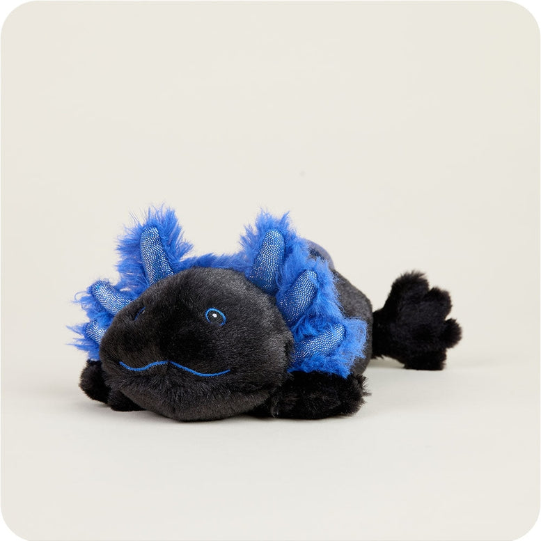 A black and blue Axolotl Junior plush toy by Warmies, featuring soft black fur and vibrant blue feathery external gills, smiling gently.