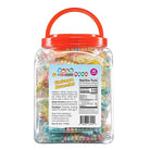 A clear plastic tub filled with assorted colorful gummy candies, featuring a bright red handle lid and a front label for 'Yerba Elves Unicorn Bracelet'.