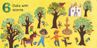 A colorful illustration from the book A Walk In The Forest showing a landscape with oak trees bearing acorns, a fountain, a building, two children walking with a horse and a dog, accompanied by the text: "6 Oaks with acorns."