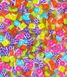 Colorful assortment of small, square-shaped charms with various designs on a pink background.