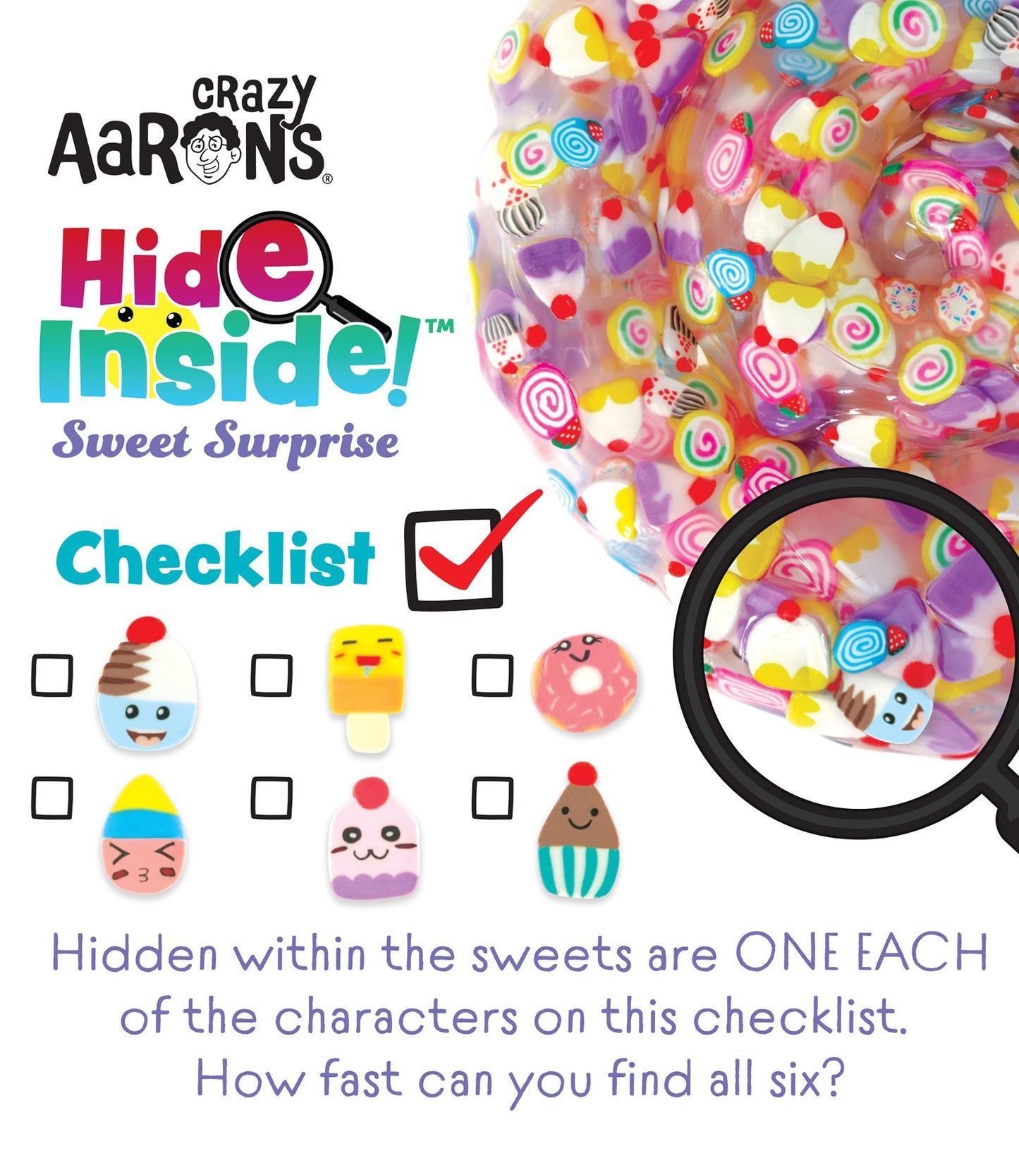 Promotional image for Crazy Aaron's Hide Inside! Sweet Surprise with colorful packaging and character illustrations.