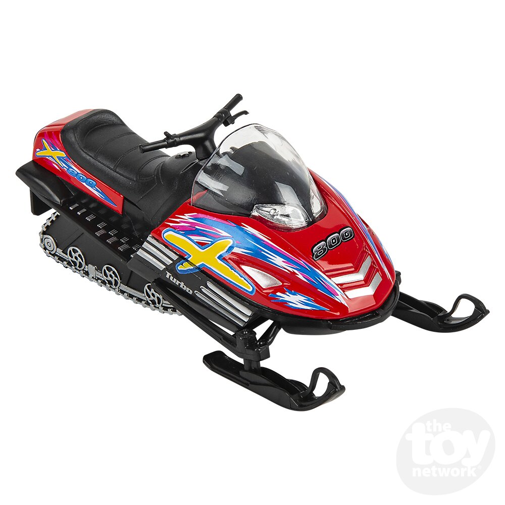 Model snowmobile with red and black design on a white background