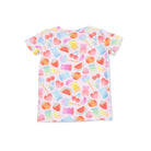 Colorful t-shirt with candy-themed design on a white background
