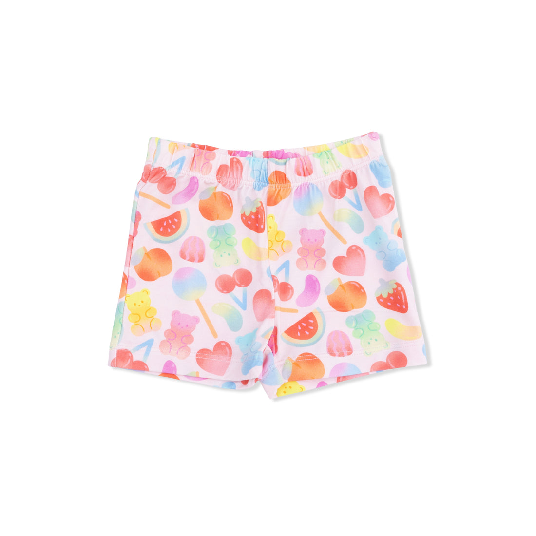 Colorful shorts with fruit pattern on a white background