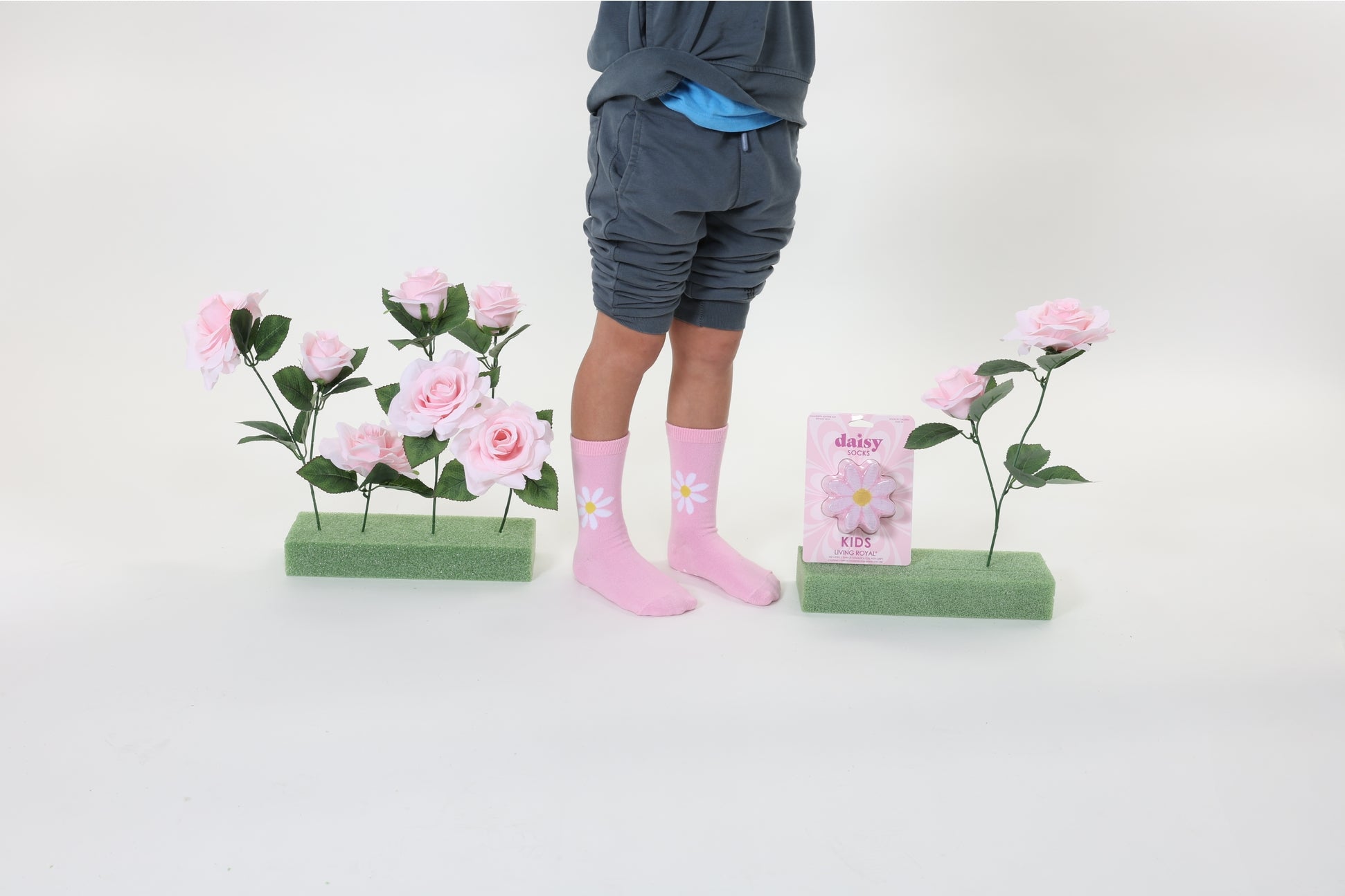 Person wearing pink socks with floral patterns standing between two small plants on a white background