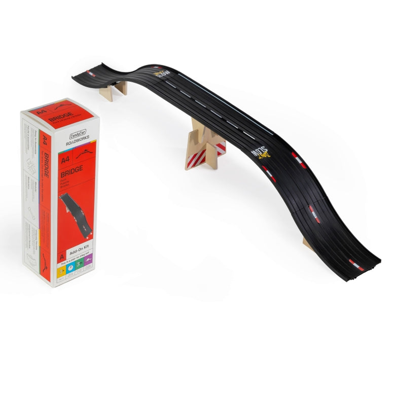 Toy race track set with red box on a white background