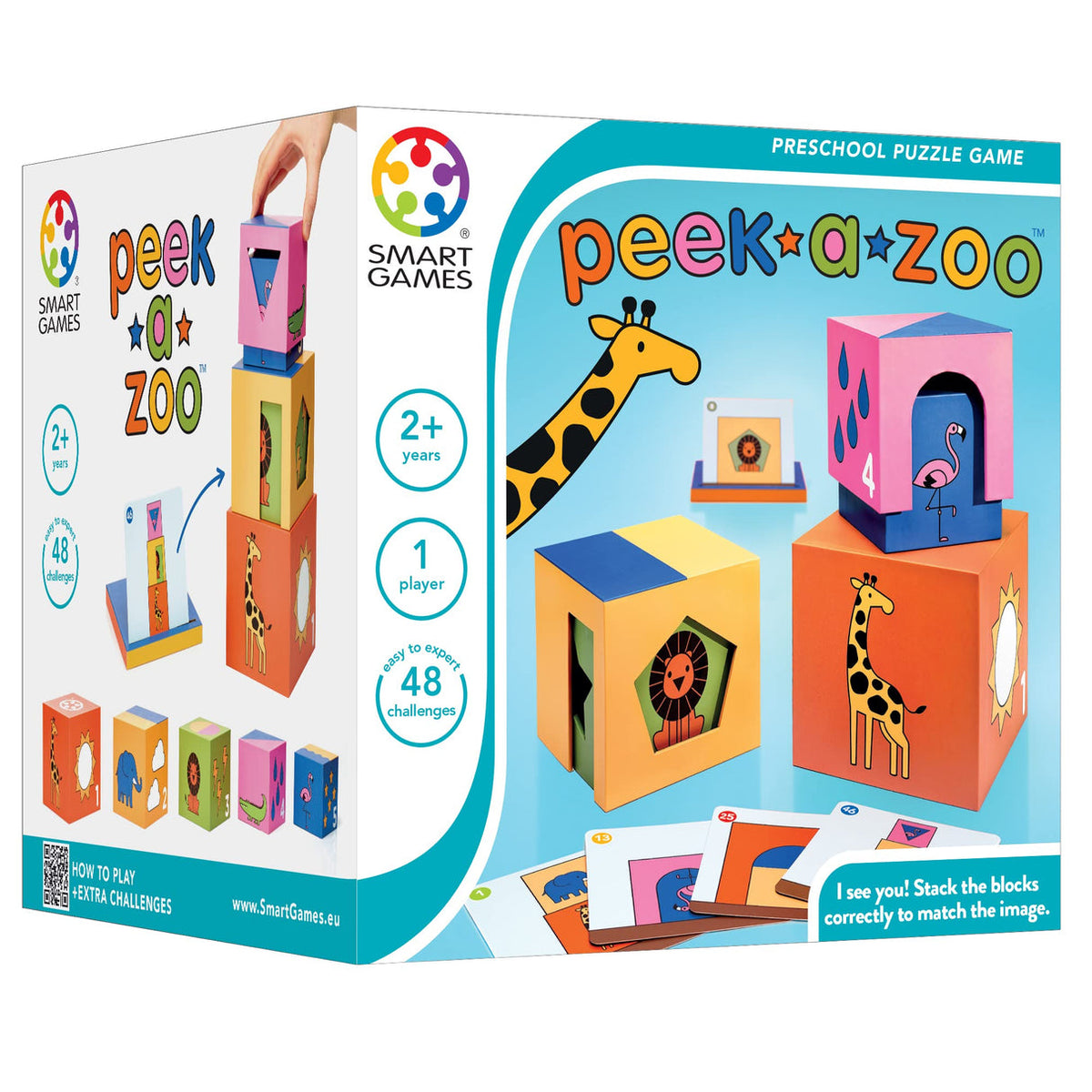 Box of 'peek a zoo' preschool puzzle game by Smart Games with colorful blocks and animal illustrations.