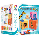 Box of 'peek a zoo' preschool puzzle game by Smart Games with colorful blocks and animal illustrations.