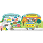 Illustration of a school bus journey with houses and children on a white background