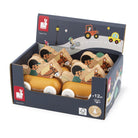 A retail display box filled with wooden Janodé toy cars, shown on a clean white background. The navy blue packaging features colorful illustrations of children's activities and the Janod bunny logo.