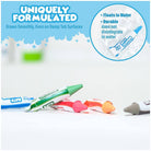 Colorful markers with text about their unique formulation and water resistance on a blue and white background.